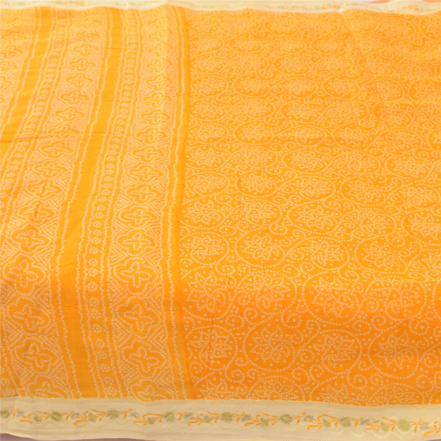 Sanskriti Vintage Sarees Yellow Bandhan Print Pure Cotton Sari 5yd Craft Fabric