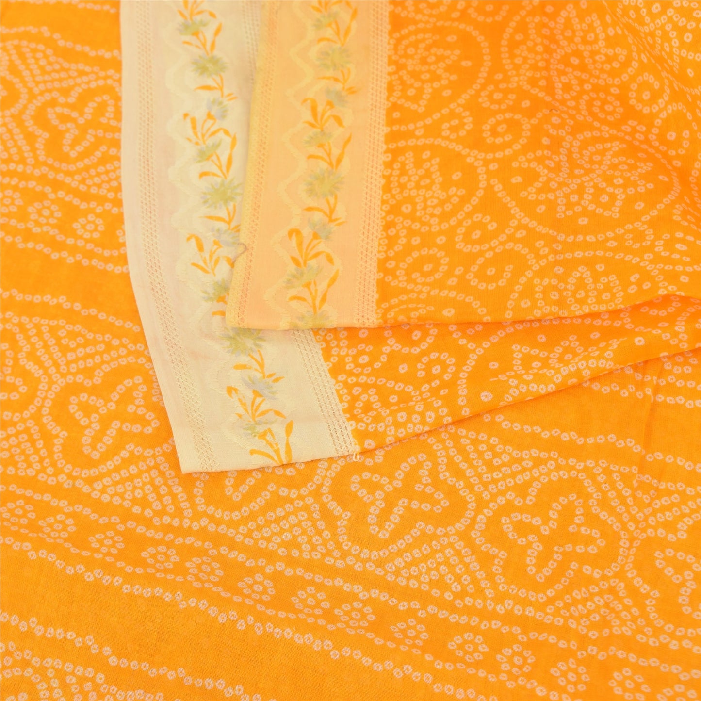 Sanskriti Vintage Sarees Yellow Bandhan Print Pure Cotton Sari 5yd Craft Fabric