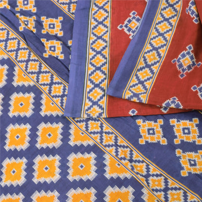 Sanskriti Vintage Sarees Red/Blue Pure Cotton Printed Sari 5yd Craft Fabric