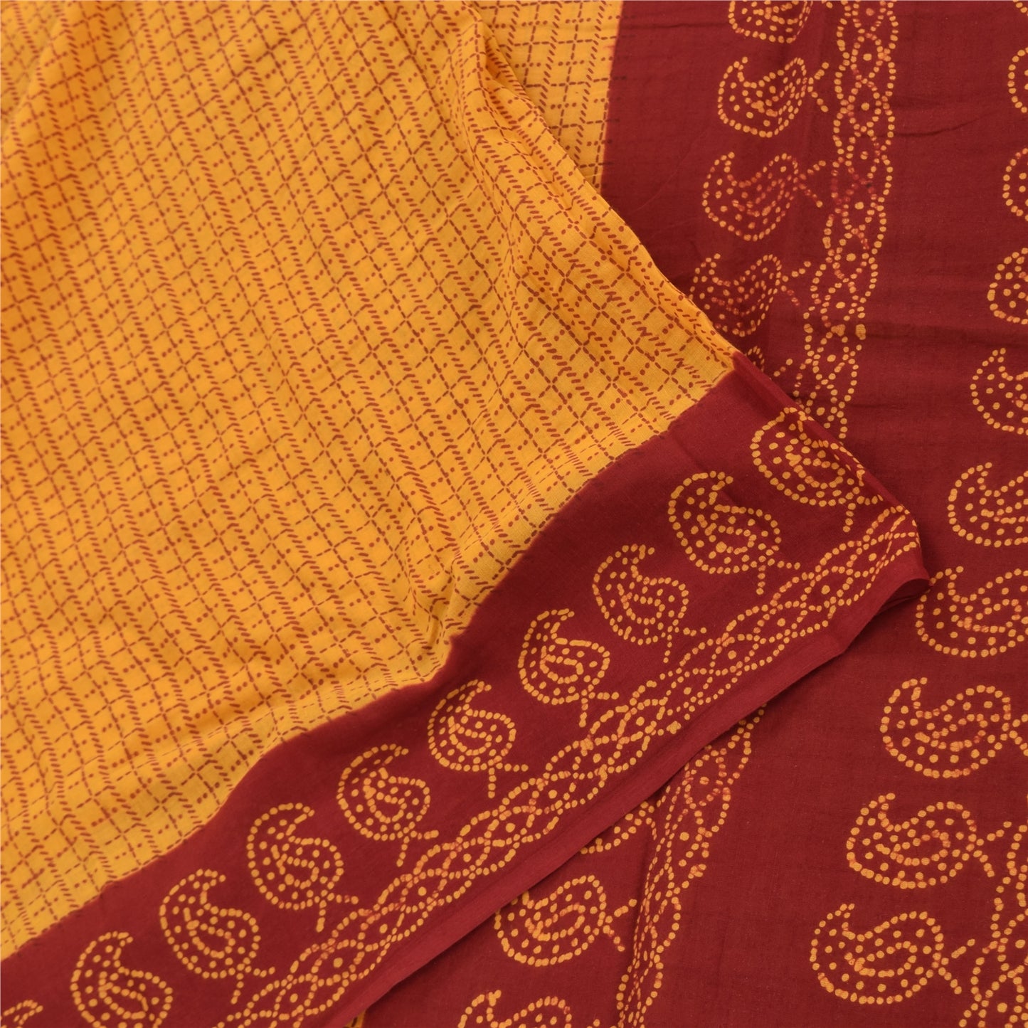 Sanskriti Vintage Sarees Yellow/Red Pure Cotton Bandhani Printed Sari 5yd Fabric