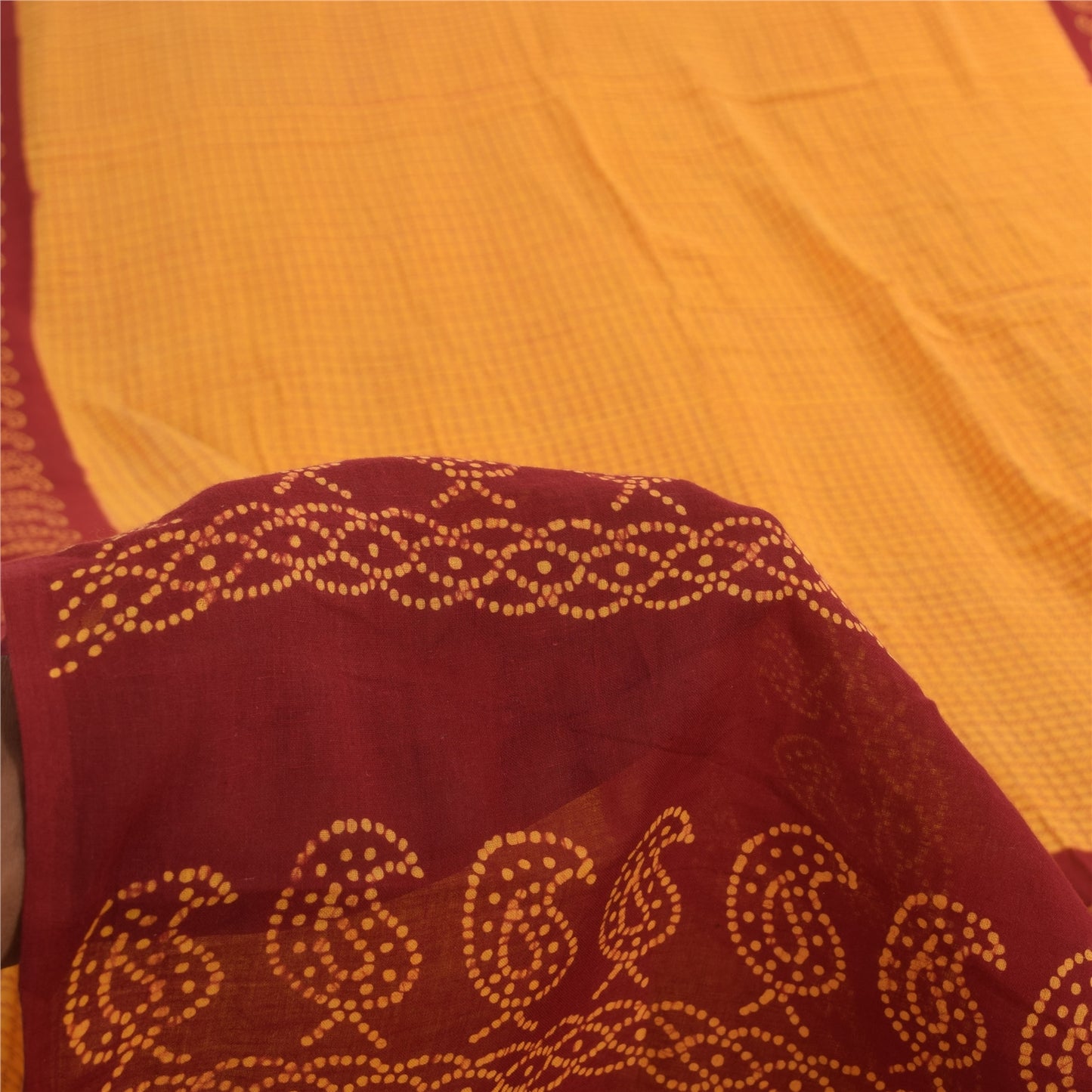 Sanskriti Vintage Sarees Yellow/Red Pure Cotton Bandhani Printed Sari 5yd Fabric