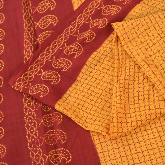 Sanskriti Vintage Sarees Yellow/Red Pure Cotton Bandhani Printed Sari 5yd Fabric