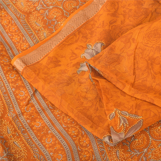 Sanskriti Vintage Sarees Indian Orange Pure Cotton Printed Sari 5yd Craft Fabric