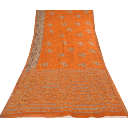 Sanskriti Vintage Sarees Indian Orange Pure Cotton Printed Sari 5yd Craft Fabric