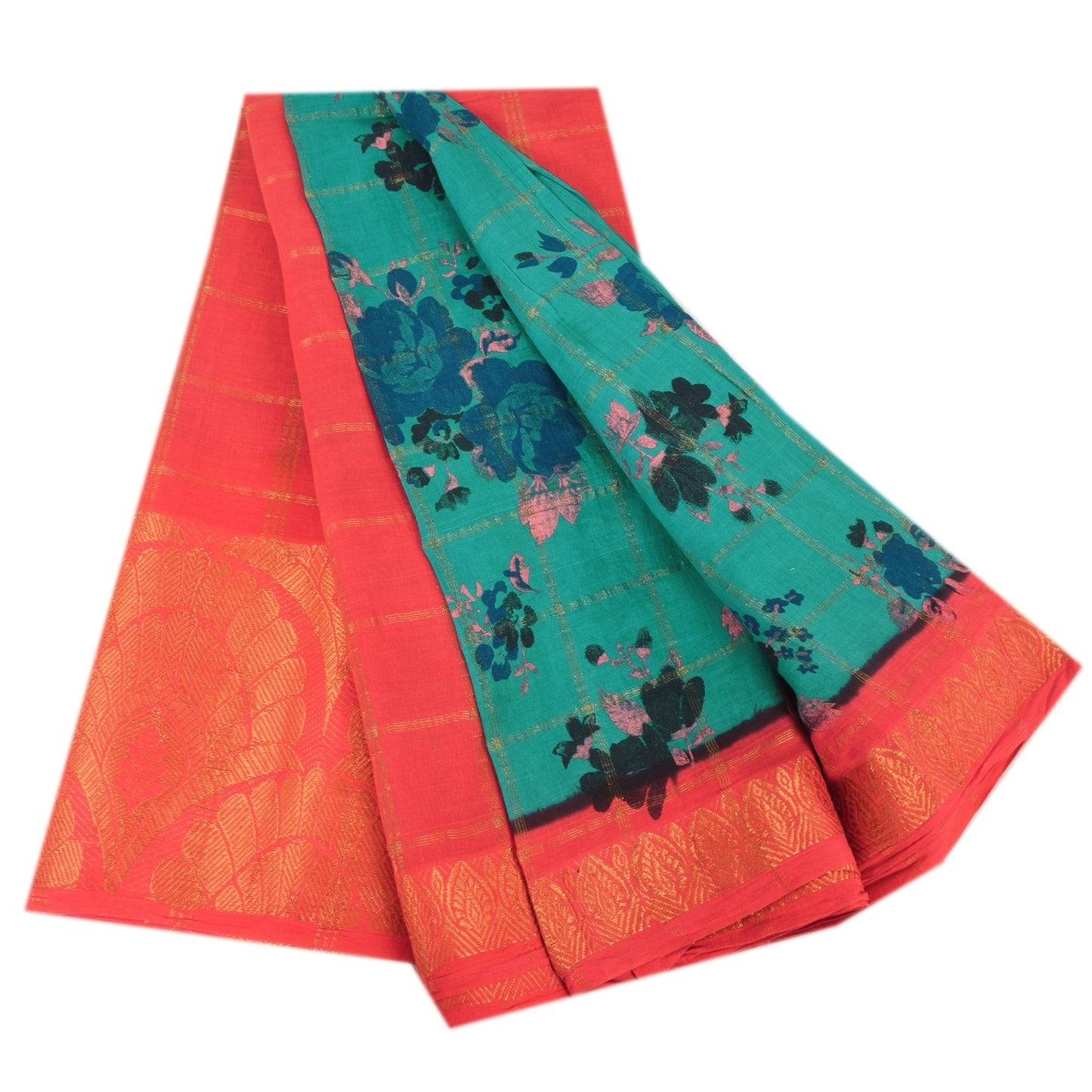 Sanskriti Vintage Sarees Green/Red Zari Woven Pure Cotton Print Sari 5yd Fabric