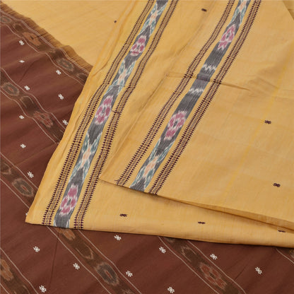 Sanskriti Vintage Sarees Beige Ikat Hand Woven Pure Cotton Sari 5+yd Fabric