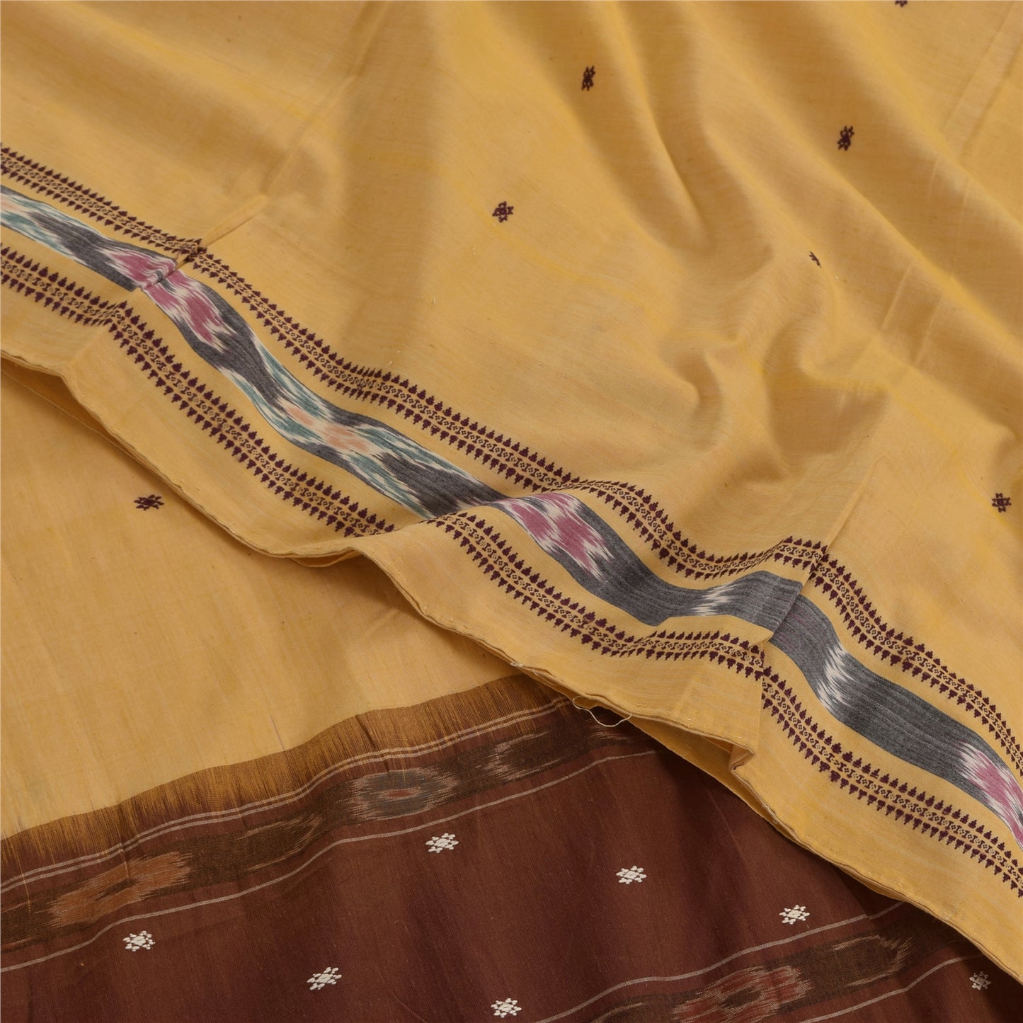 Sanskriti Vintage Sarees Beige Ikat Hand Woven Pure Cotton Sari 5+yd Fabric