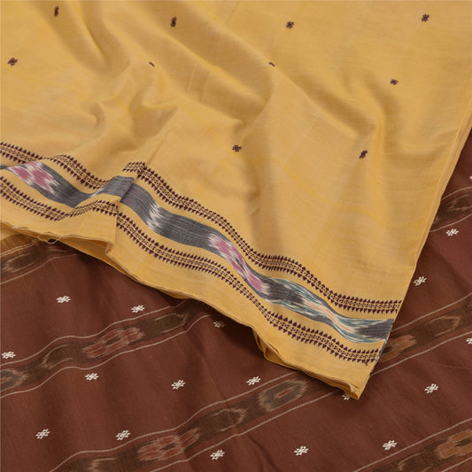 Sanskriti Vintage Sarees Beige Ikat Hand Woven Pure Cotton Sari 5+yd Fabric