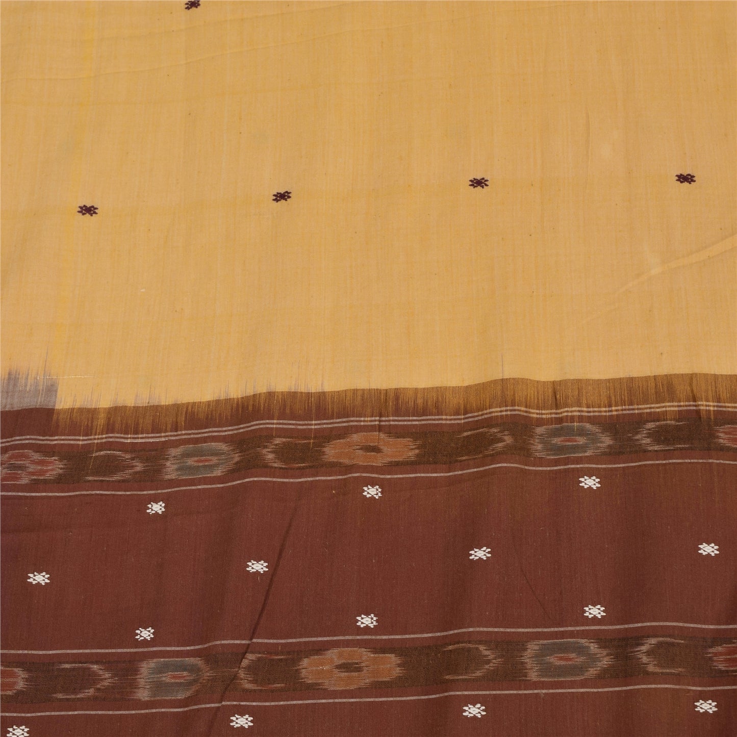 Sanskriti Vintage Sarees Beige Ikat Hand Woven Pure Cotton Sari 5+yd Fabric