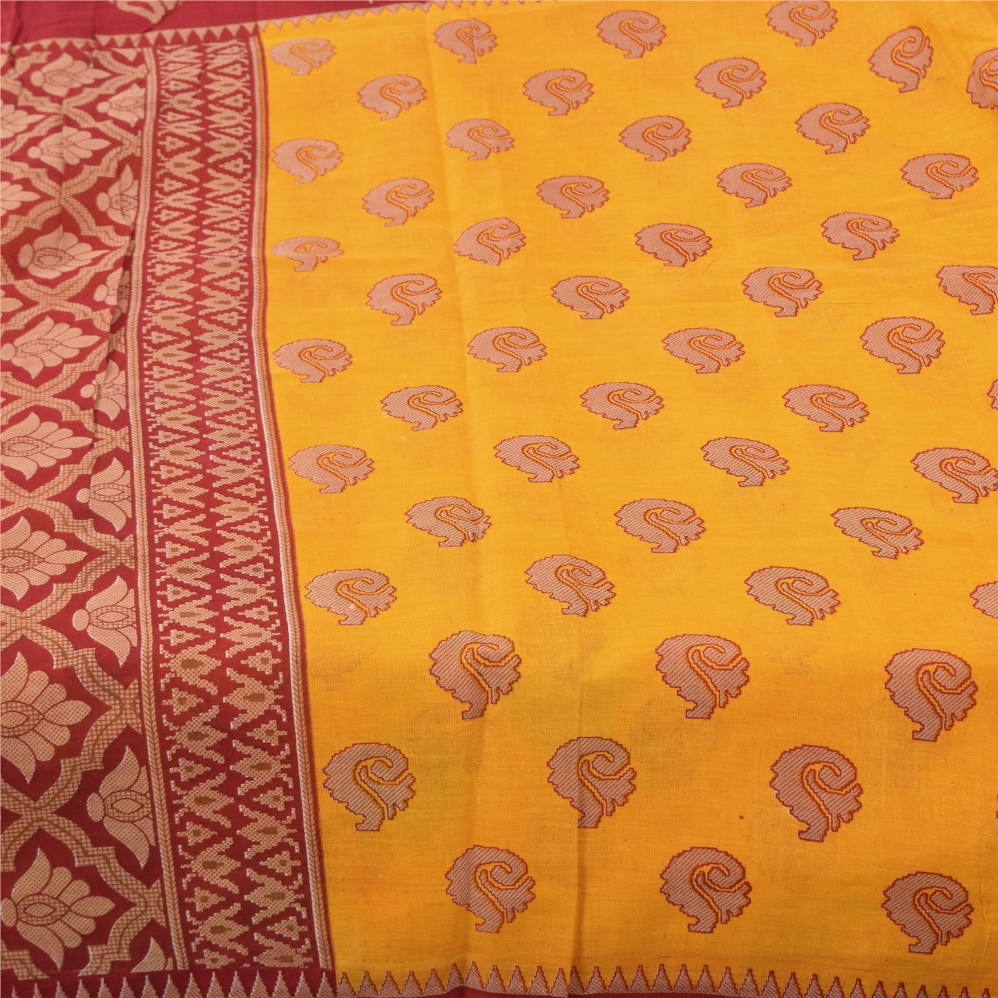 Sanskriti Vintage Sarees Yellow/Red Pure Cotton Printed Sari 5+yd Craft Fabric