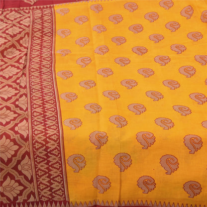 Sanskriti Vintage Sarees Yellow/Red Pure Cotton Printed Sari 5+yd Craft Fabric