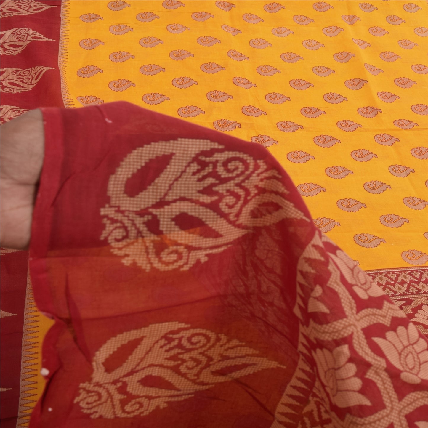 Sanskriti Vintage Sarees Yellow/Red Pure Cotton Printed Sari 5+yd Craft Fabric