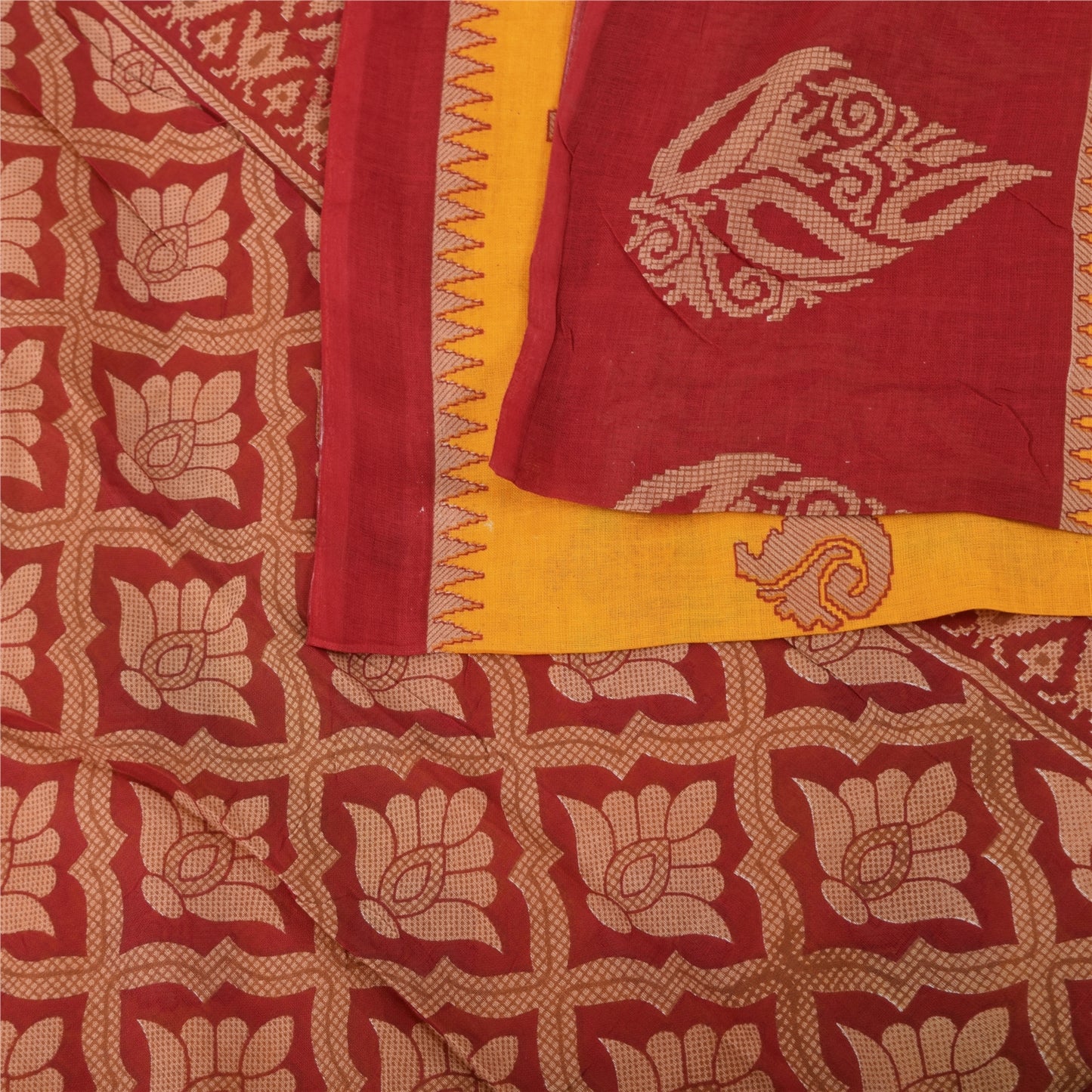 Sanskriti Vintage Sarees Yellow/Red Pure Cotton Printed Sari 5+yd Craft Fabric