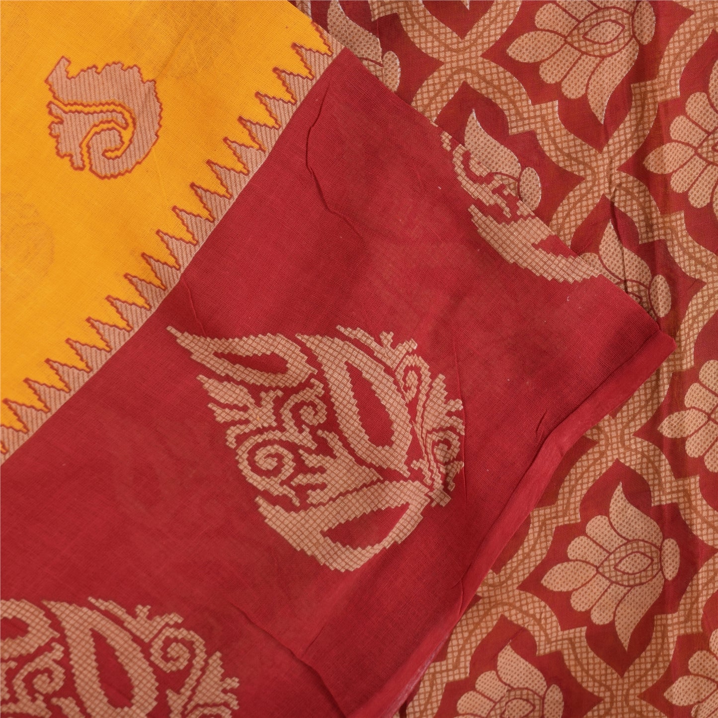 Sanskriti Vintage Sarees Yellow/Red Pure Cotton Printed Sari 5+yd Craft Fabric