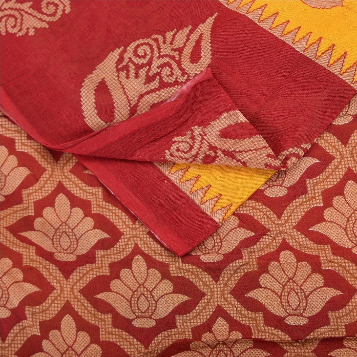 Sanskriti Vintage Sarees Yellow/Red Pure Cotton Printed Sari 5+yd Craft Fabric