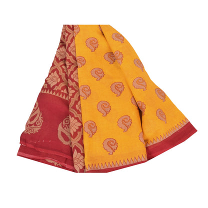 Sanskriti Vintage Sarees Yellow/Red Pure Cotton Printed Sari 5+yd Craft Fabric