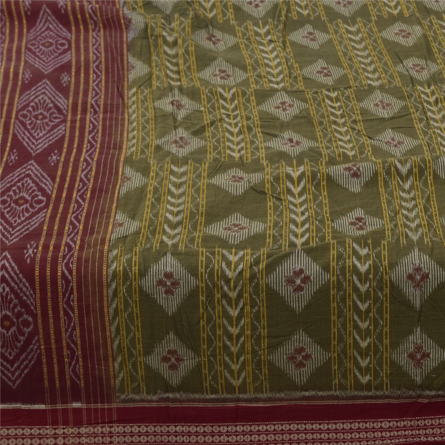 Sanskriti Vintage Sarees Green/Red Ikat Hand Woven Pure Cotton Sari 5+yd Fabric