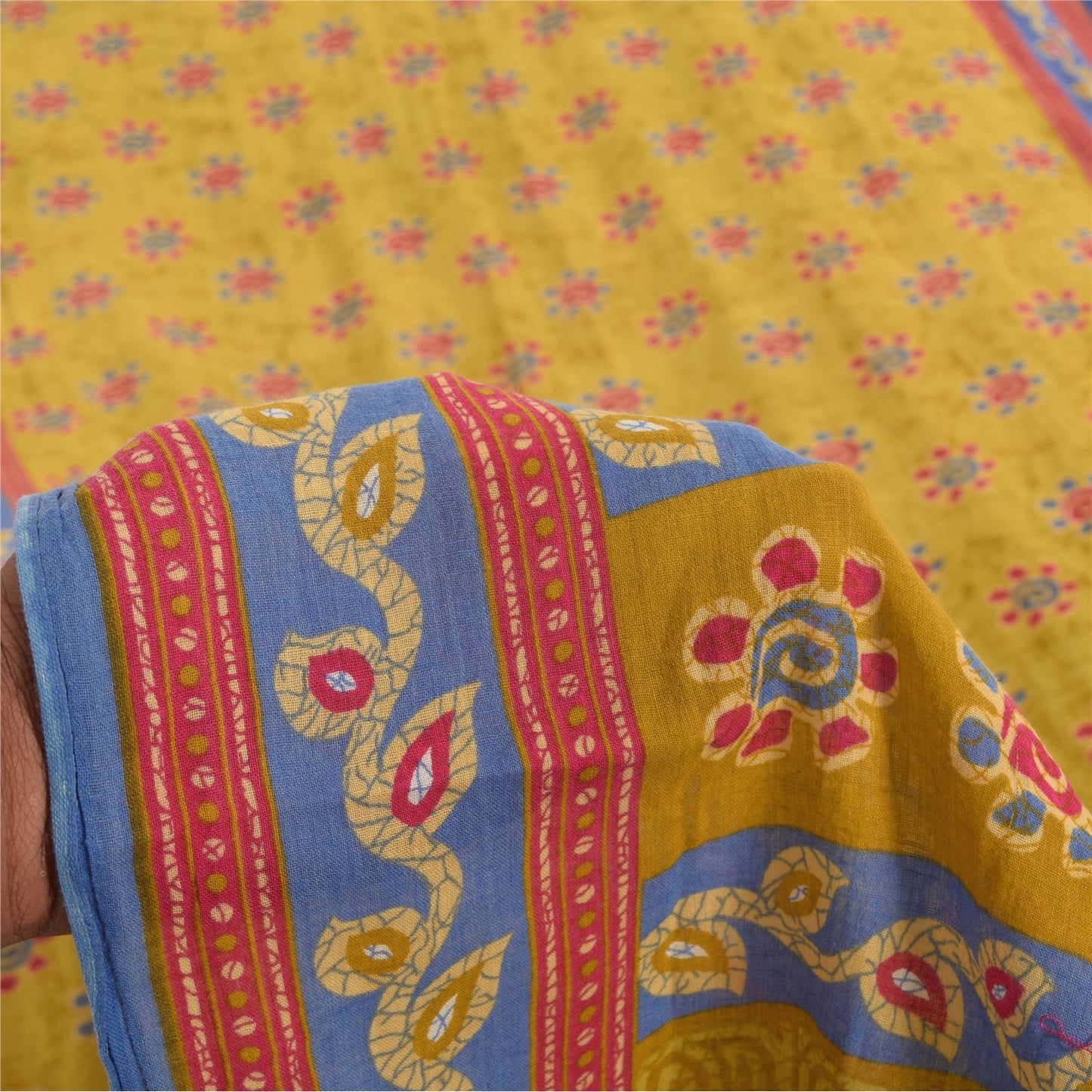 Sanskriti Vintage Sarees Yellow 100% Pure Cotton Printed Sari 5+yd Craft Fabric