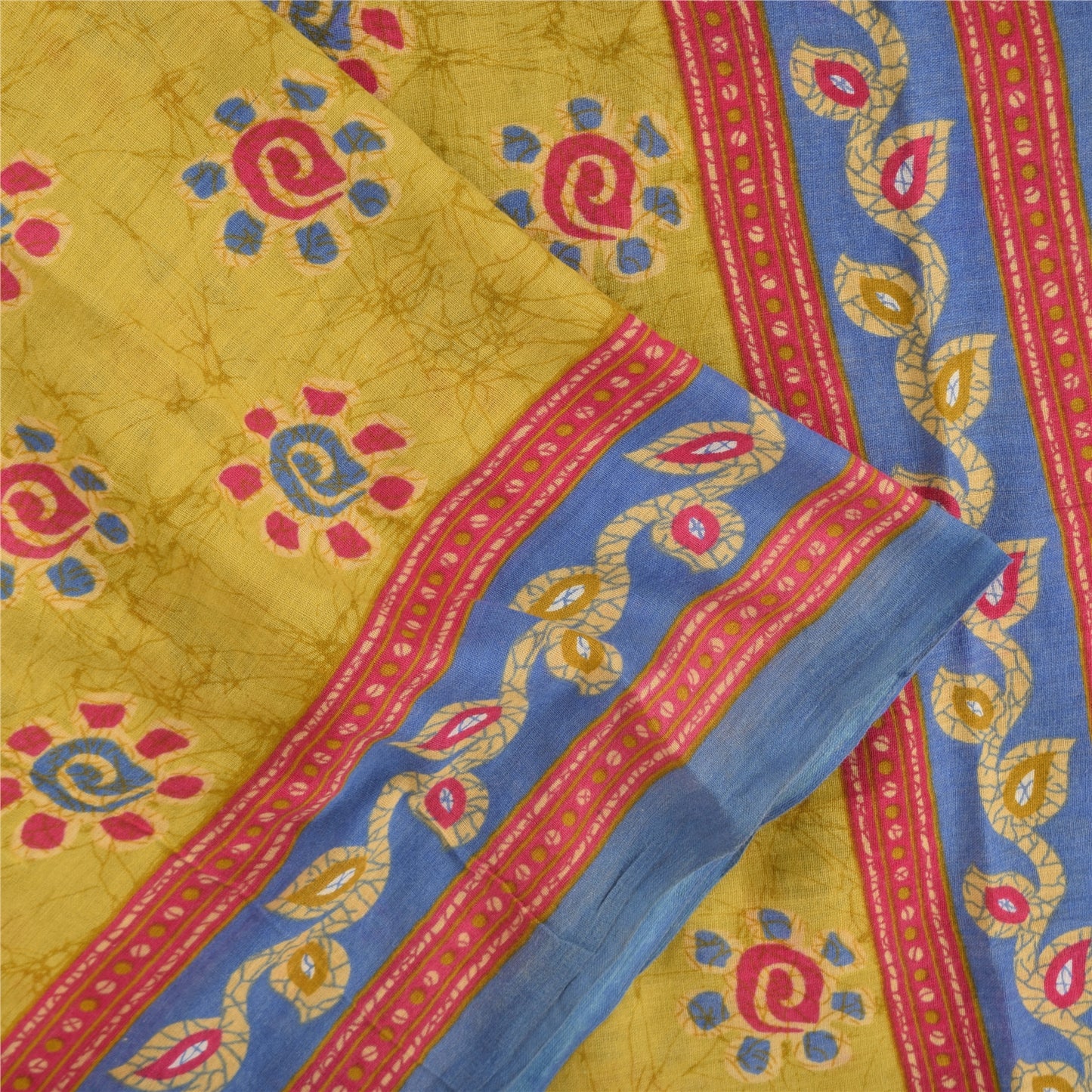 Sanskriti Vintage Sarees Yellow 100% Pure Cotton Printed Sari 5+yd Craft Fabric