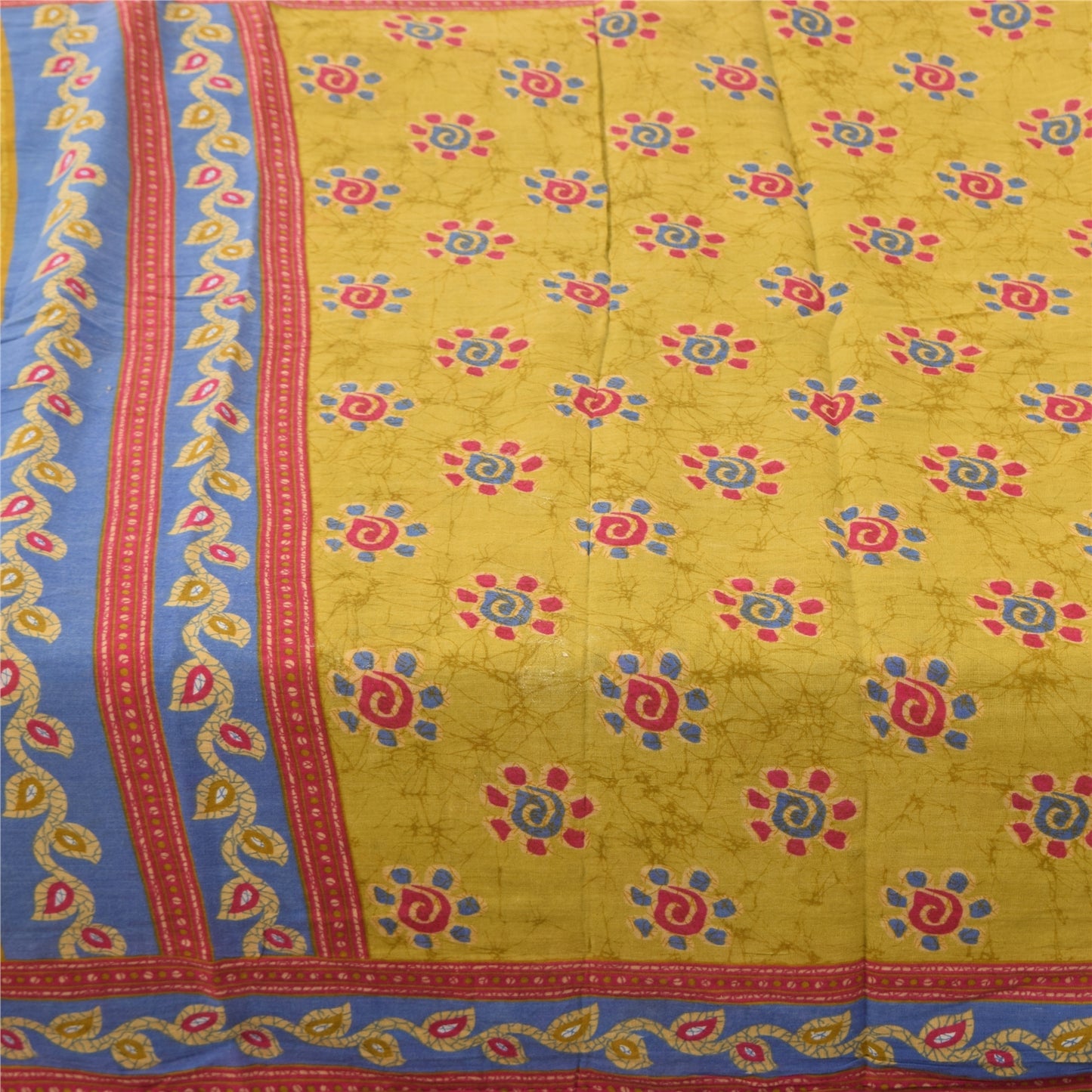 Sanskriti Vintage Sarees Yellow 100% Pure Cotton Printed Sari 5+yd Craft Fabric