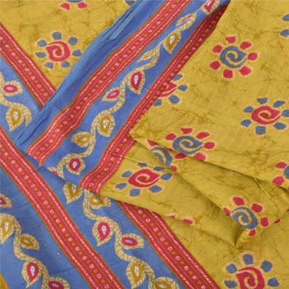 Sanskriti Vintage Sarees Yellow 100% Pure Cotton Printed Sari 5+yd Craft Fabric