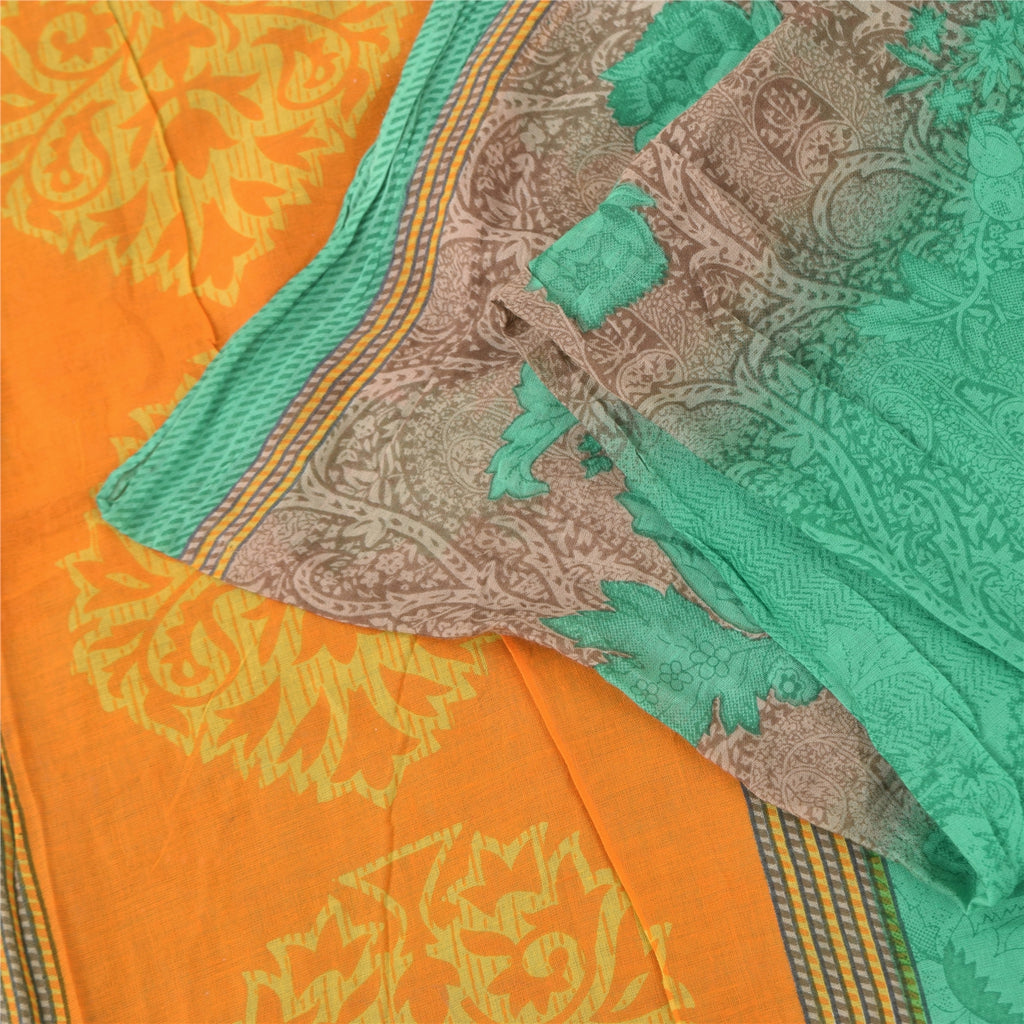 Sanskriti Vintage Sarees Green 100% Pure Cotton Printed Sari 5+yd Craft Fabric