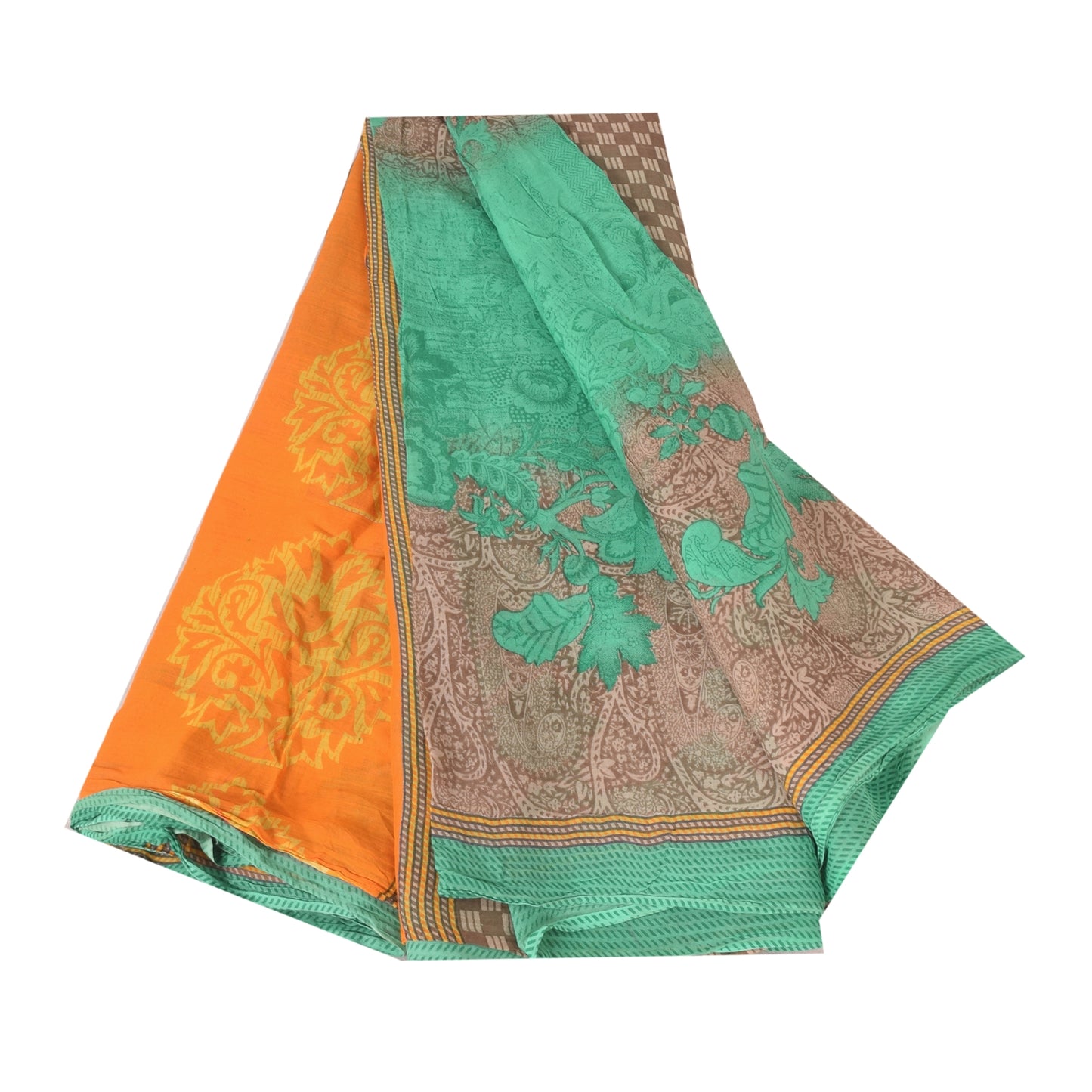 Sanskriti Vintage Sarees Green 100% Pure Cotton Printed Sari 5+yd Craft Fabric