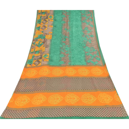 Sanskriti Vintage Sarees Green 100% Pure Cotton Printed Sari 5+yd Craft Fabric