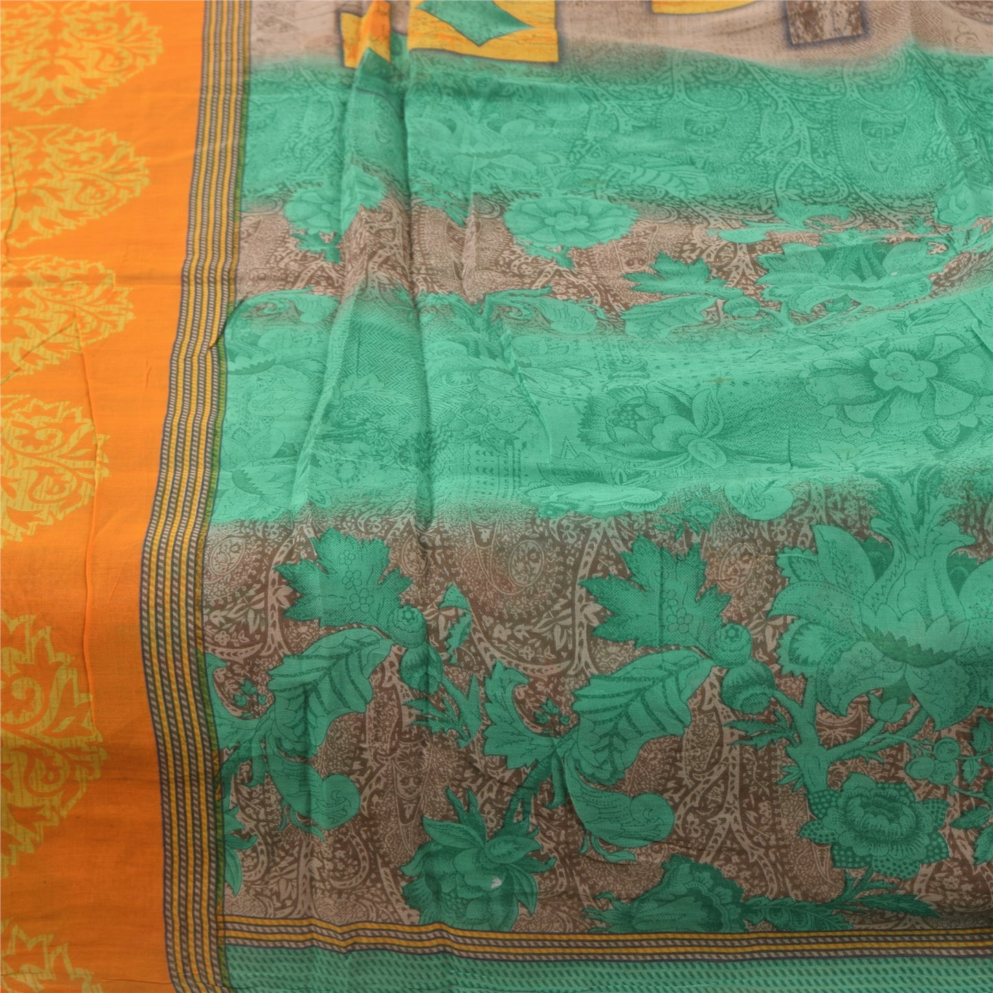 Sanskriti Vintage Sarees Green 100% Pure Cotton Printed Sari 5+yd Craft Fabric