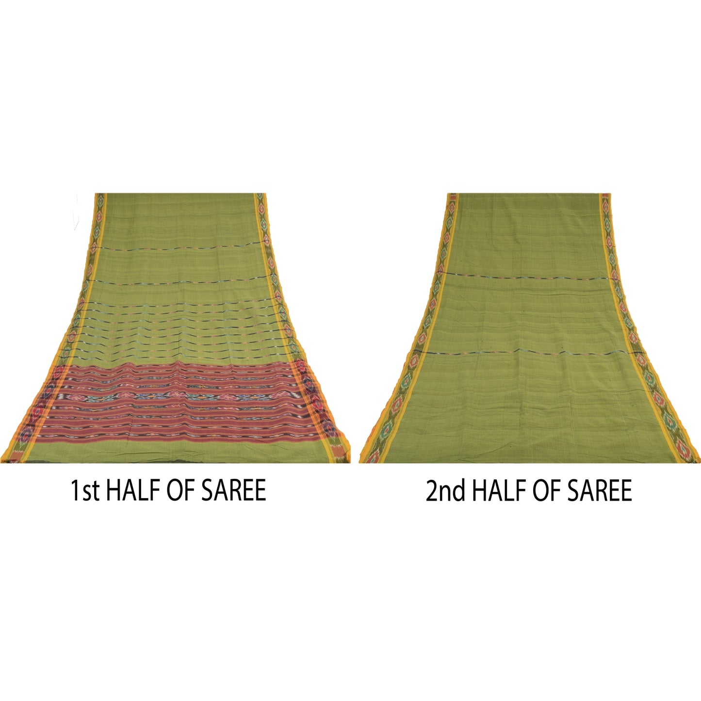 Sanskriti Vintage Sarees Green Pure Cotton Ikat Hand Woven Sari 5+yd Fabric