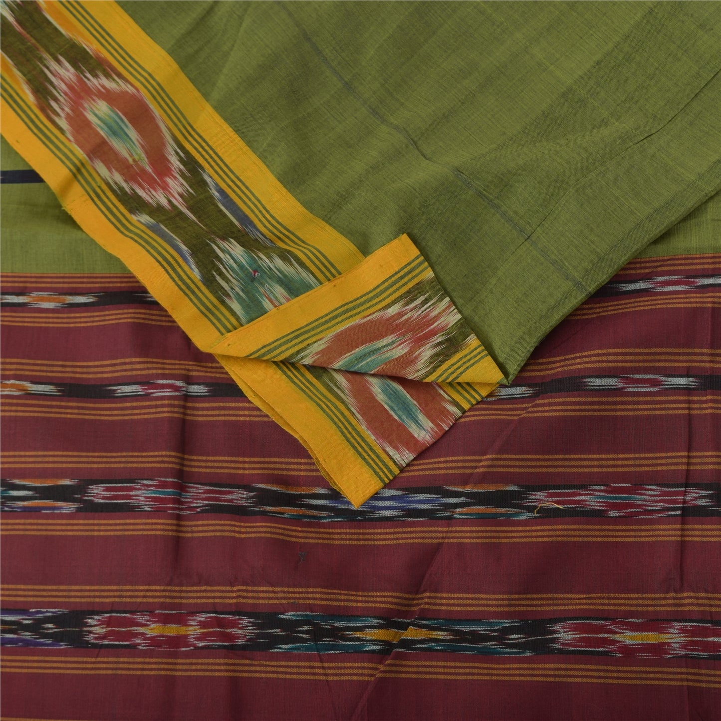 Sanskriti Vintage Sarees Green Pure Cotton Ikat Hand Woven Sari 5+yd Fabric