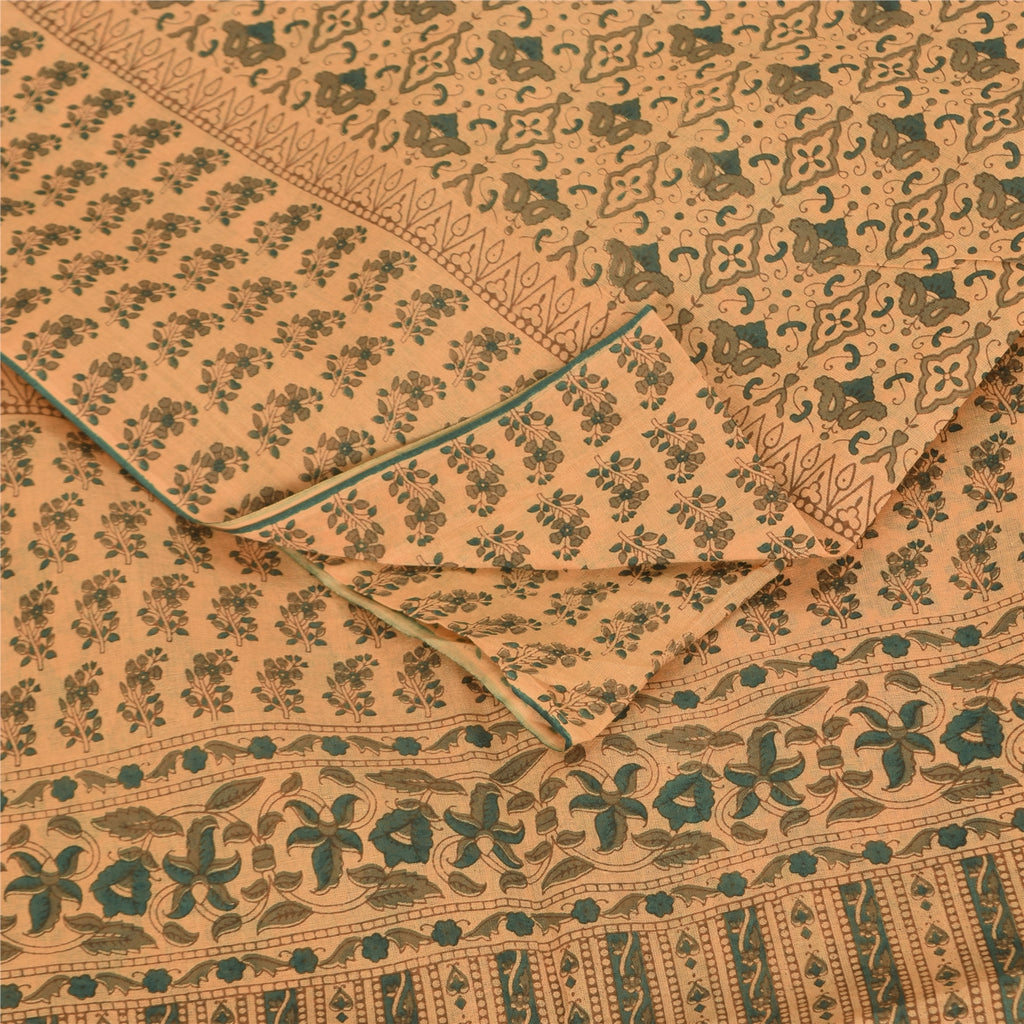 Sanskriti Vintage Sarees Peach/Green Pure Cotton Printed Sari 5+yd Craft Fabric