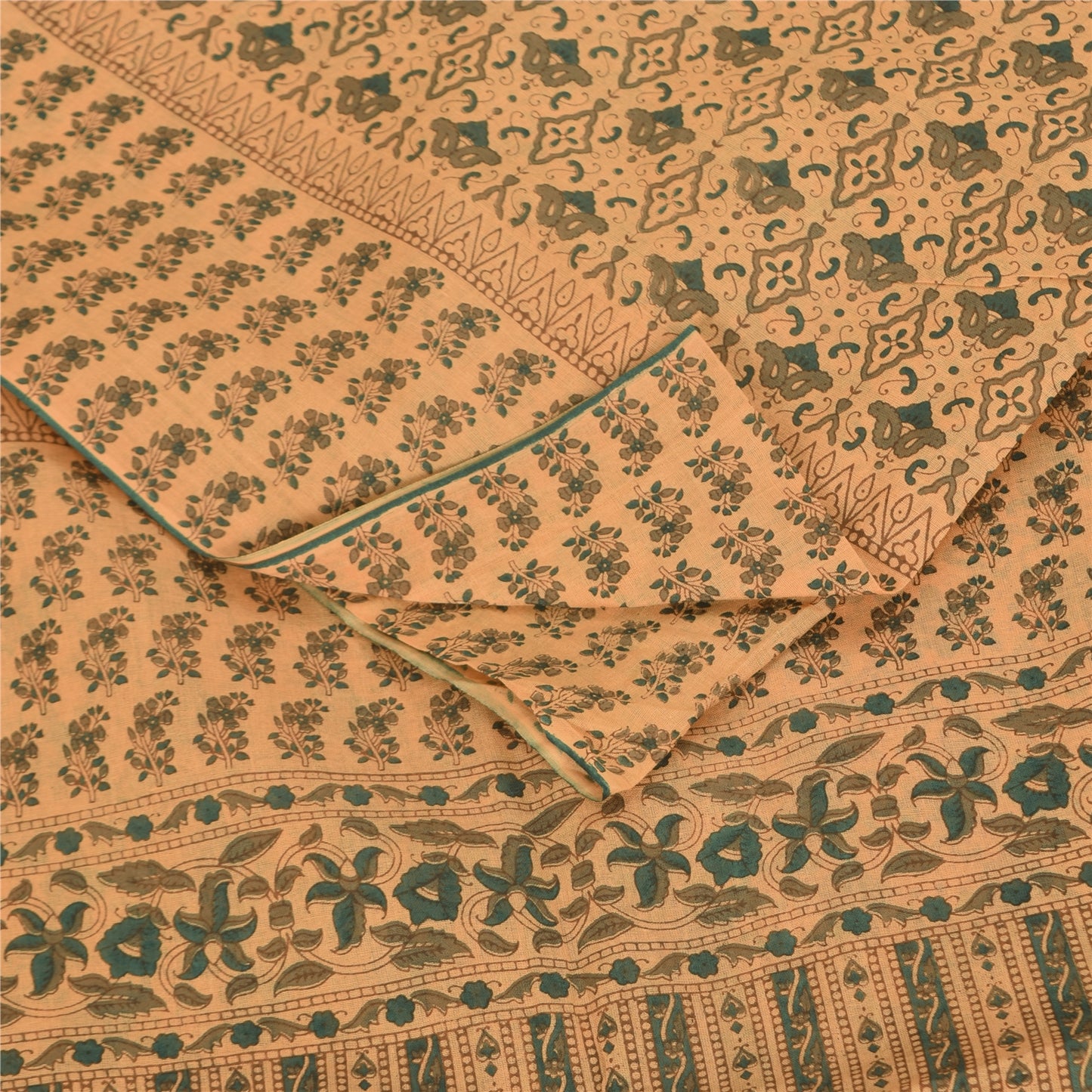 Sanskriti Vintage Sarees Peach/Green Pure Cotton Printed Sari 5+yd Craft Fabric