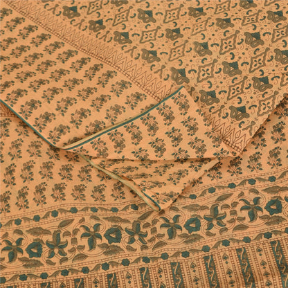 Sanskriti Vintage Sarees Peach/Green Pure Cotton Printed Sari 5+yd Craft Fabric