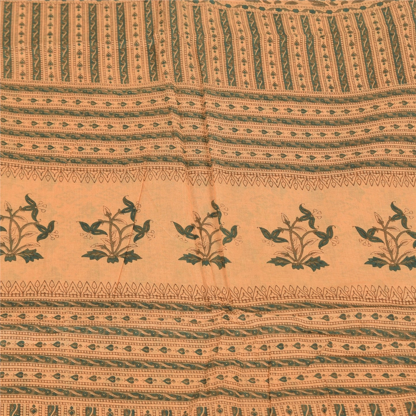 Sanskriti Vintage Sarees Peach/Green Pure Cotton Printed Sari 5+yd Craft Fabric