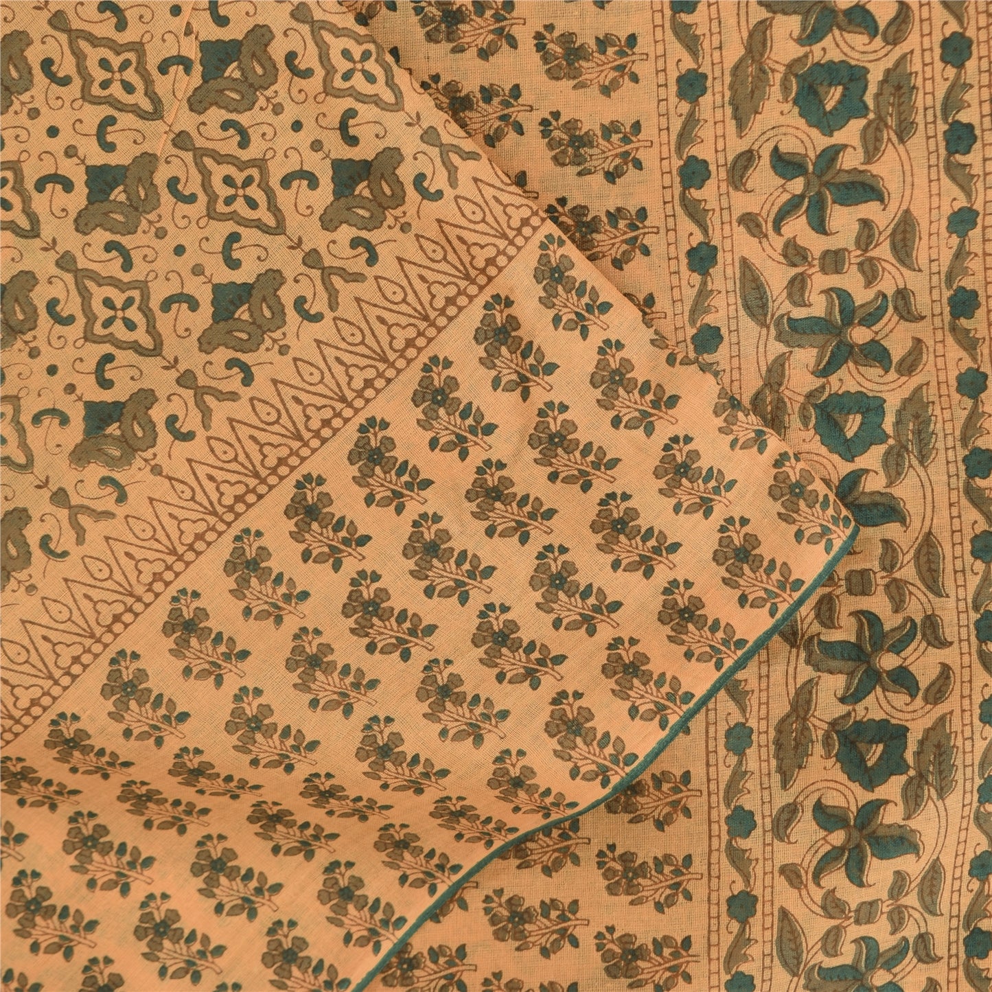 Sanskriti Vintage Sarees Peach/Green Pure Cotton Printed Sari 5+yd Craft Fabric