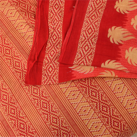 Sanskriti Vintage Sarees Coral/Red Pure Cotton Printed Sari 5+yd Craft Fabric