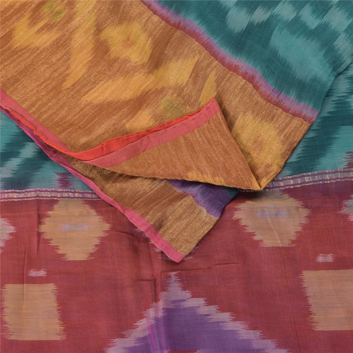 Sanskriti Vintage Sarees Blue Ikat Handwoven Pure Cotton Sari 5+yd Craft Fabric