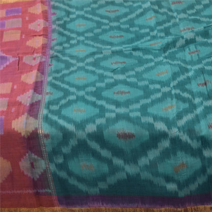 Sanskriti Vintage Sarees Blue Ikat Handwoven Pure Cotton Sari 5+yd Craft Fabric