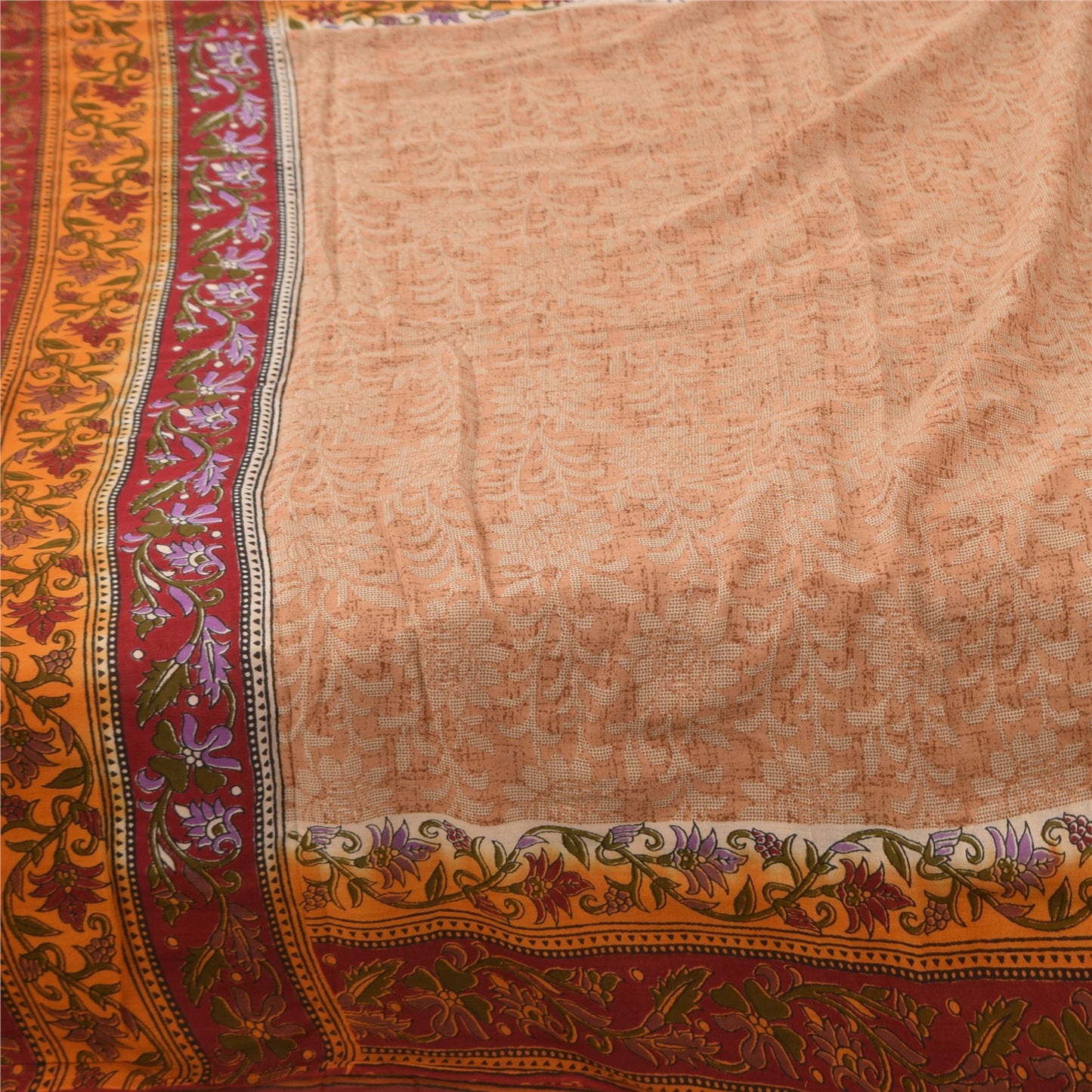 Sanskriti Vintage Sarees Peach/Red Pure Cotton Printed Sari 5+yd Craft Fabric