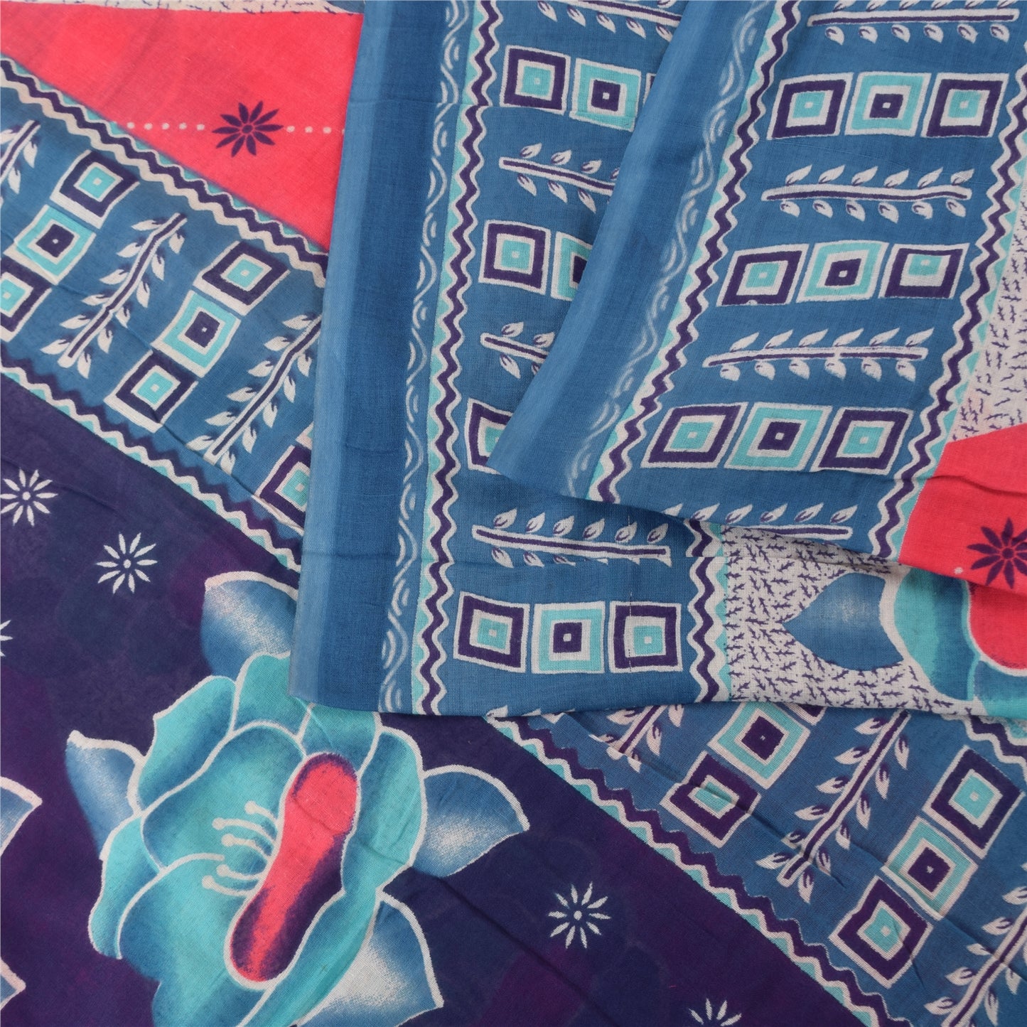 Sanskriti Vintage Sarees Blue/Red 100% Pure Cotton Printed Sari 5yd Craft Fabric