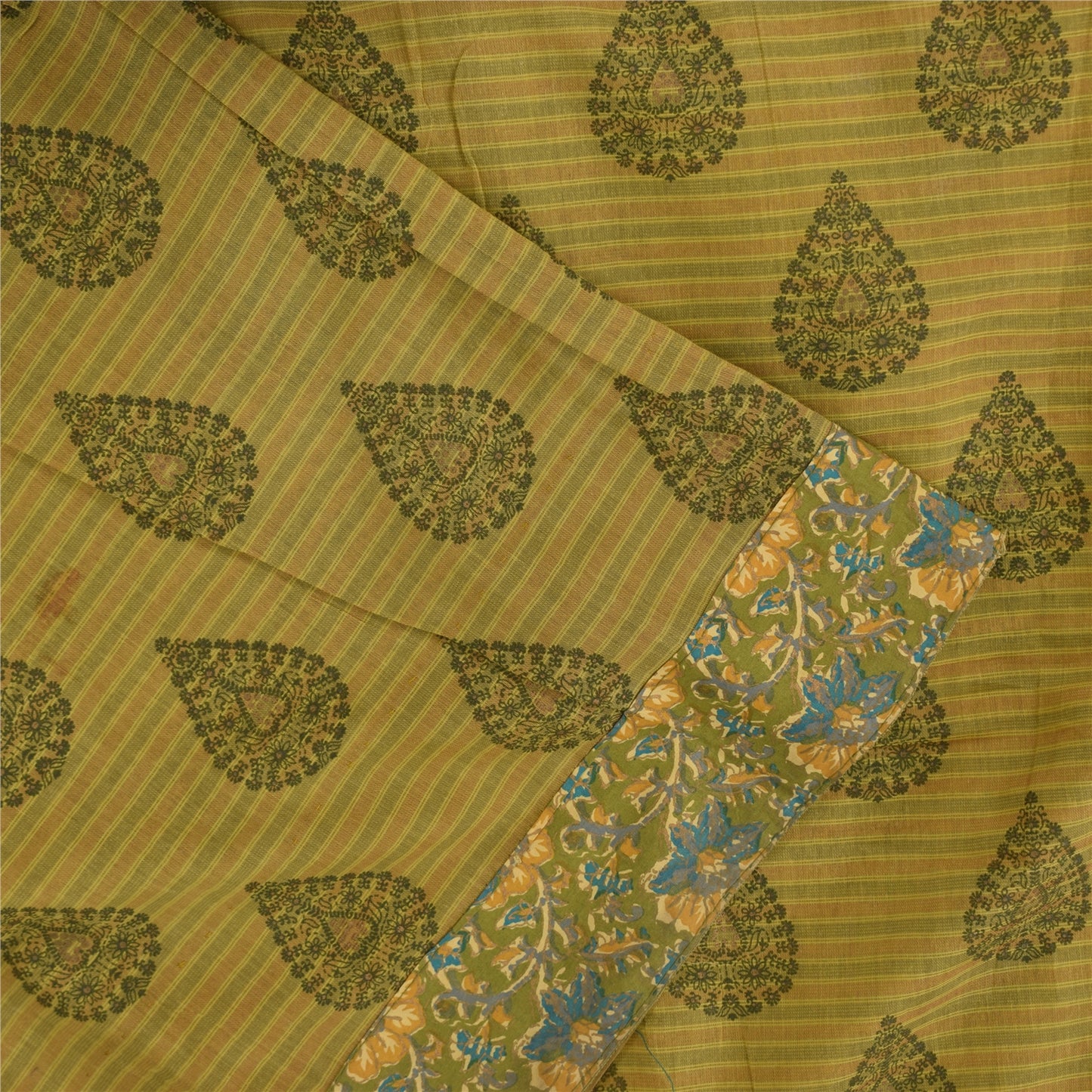 Sanskriti Vintage Sarees Indian Green Pure Cotton Printed Sari 5+yd Craft Fabric