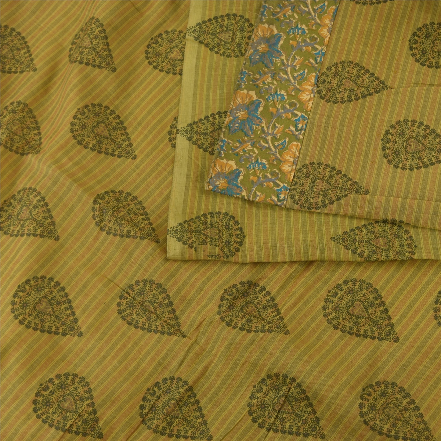 Sanskriti Vintage Sarees Indian Green Pure Cotton Printed Sari 5+yd Craft Fabric