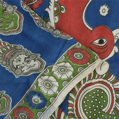 Sanskriti Vintage Sarees Blue Hand Block Kathakali Pure Cotton Sari 5+yd Fabric