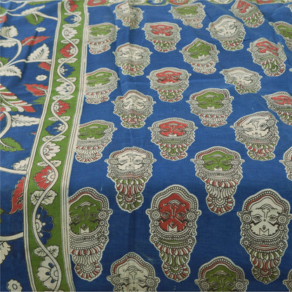 Sanskriti Vintage Sarees Blue Hand Block Kathakali Pure Cotton Sari 5+yd Fabric