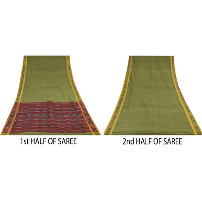 Sanskriti Vintage Sarees Green Ikat HandWoven Odisha PureCotton Sari 5+yd Fabric