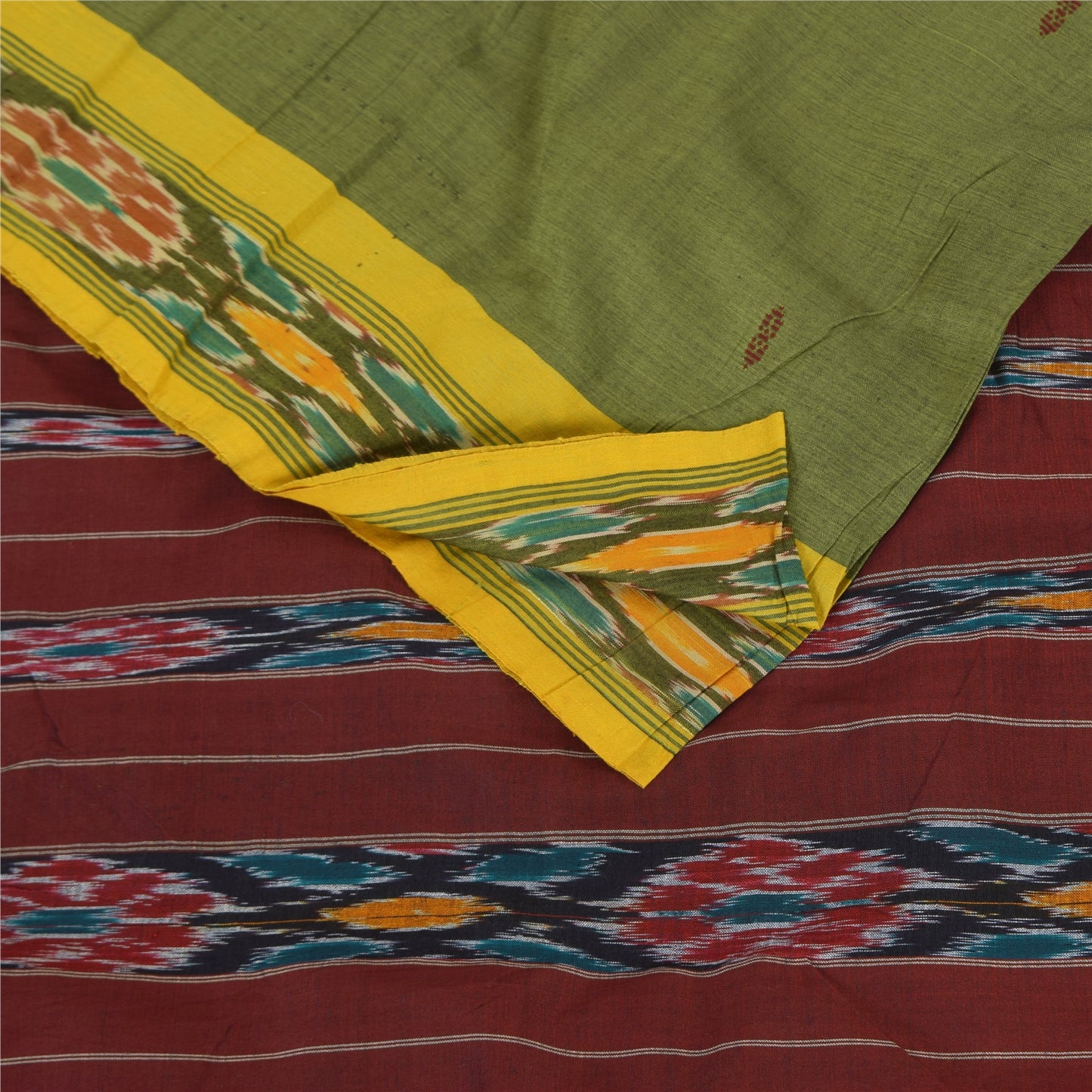 Sanskriti Vintage Sarees Green Ikat HandWoven Odisha PureCotton Sari 5+yd Fabric