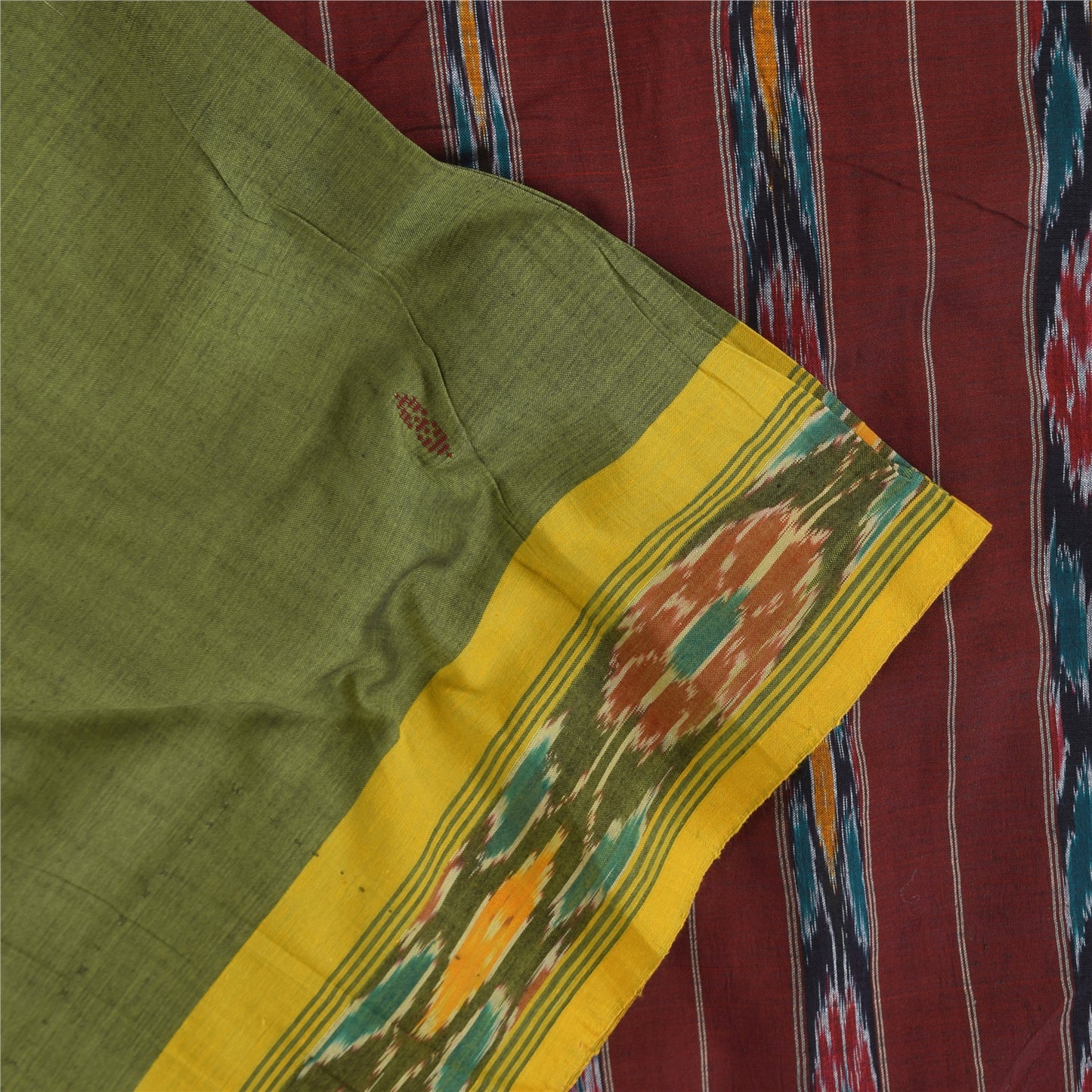 Sanskriti Vintage Sarees Green Ikat HandWoven Odisha PureCotton Sari 5+yd Fabric