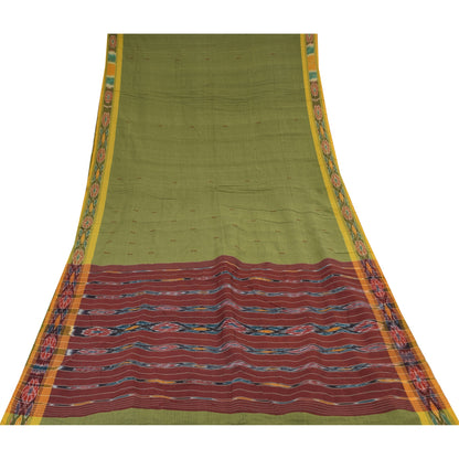 Sanskriti Vintage Sarees Green Ikat HandWoven Odisha PureCotton Sari 5+yd Fabric