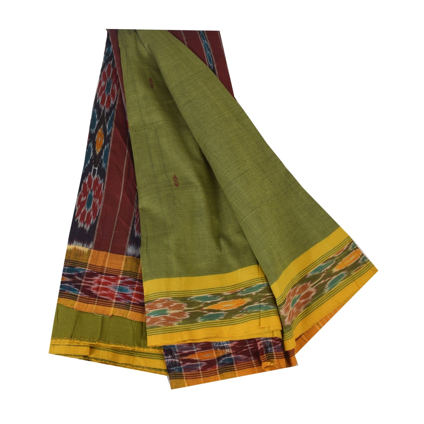 Sanskriti Vintage Sarees Green Ikat HandWoven Odisha PureCotton Sari 5+yd Fabric